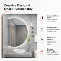 Miroir LED demi-rond de luxe pour salle de bain, avec interrupteur tactile 3 couleurs, sans cadre, résistant à l'eau, éclairage à intensité variable