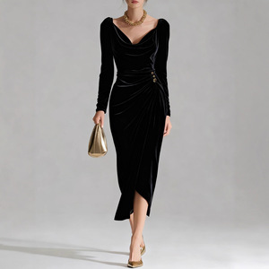 <span class=keywords><strong>Abito</strong></span> Lungo da Donna in Velluto Dorato, Stile Europeo <span class=keywords><strong>e</strong></span> Americano, Sexy, Nuovo, a Maniche Lunghe, Aderente, con Pieghe <span class=keywords><strong>e</strong></span> Spacco sui Fianchi - Product Image 3