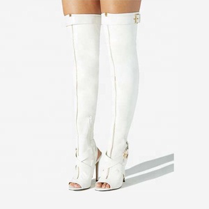 Front Zipper Women Stretchy Thigh High Boots Summer Cross Belt Buckle Long <b>Booties</b> Over Knee Peep Toe High Heel Camouflage Shoes - Product Image 5
