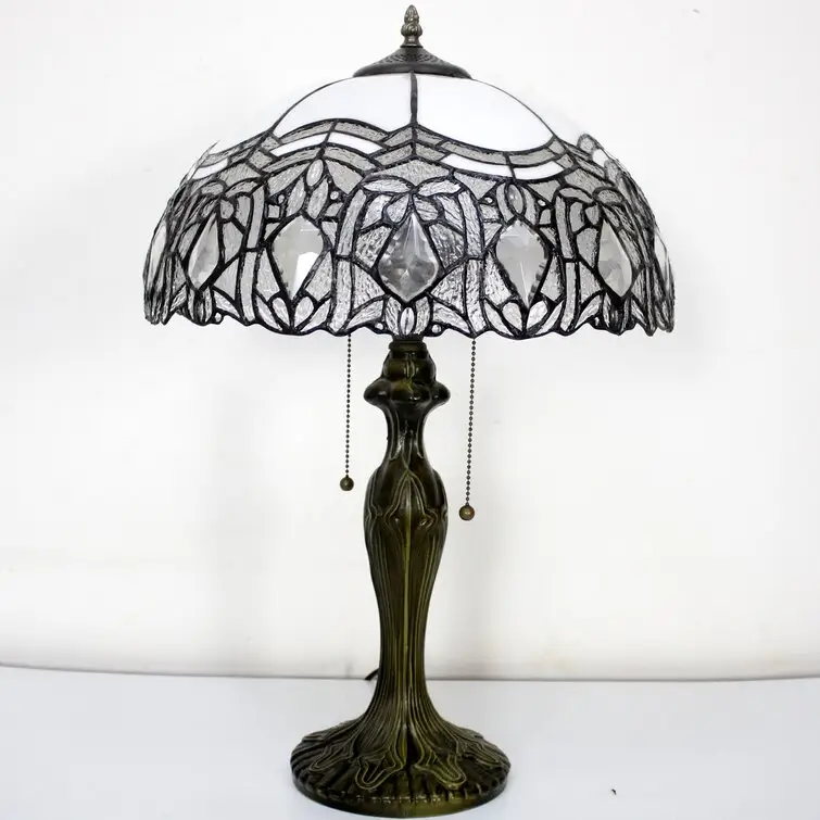 Tiffany Style Table Lamp Stained Glass White Crystal Shade Metal Base 24"Tall Antique Large Luxurious Bedside Desk Reading Light