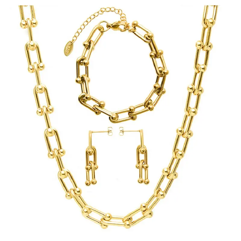 Corrente de luxo à prova d'água 18k, corrente banhada a ouro em formato de u, gargantilha, brincos e pulseira, conjunto de joias para mulheres