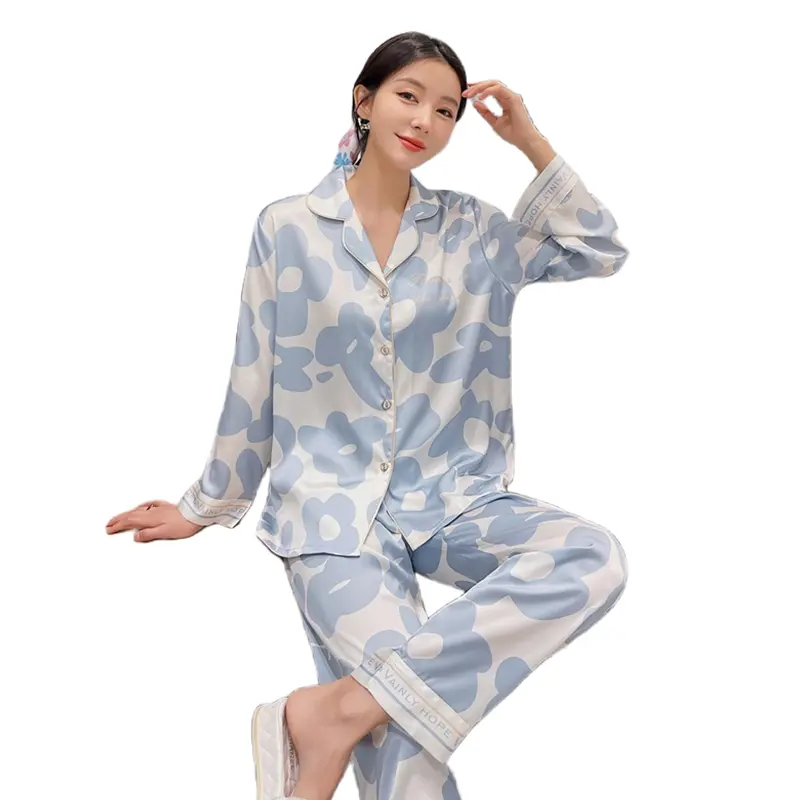 2023 produk baru piyama satin sutra mewah grosir baju tidur sutra untuk wanita ukuran besar baju tidur lengan panjang pakaian tidur rumah