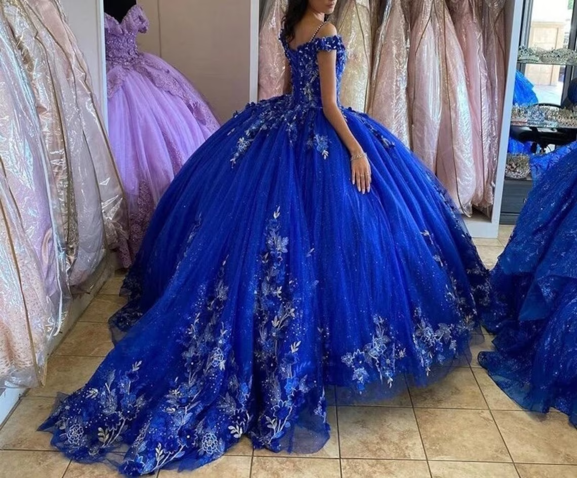 Ruolai QD004 Royal Blue off Shoulder 3D Appliqued Wedding Dresses