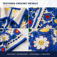 Chemise en crochet pour homme 100% acrylique, dentelle florale ajourée, tricotée, manches courtes, boutonnée, été, plage, resort, vente en gros, OEM