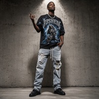 T-shirt Homme Imprimé Intégral Motif Squelette Guitariste Rock, Noir Délavé, avec Lettrage Gothique Arqué et Clous Métalliques, Style Streetwear OEM