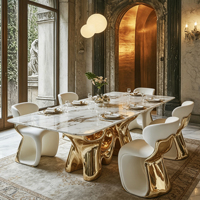 Ensemble de table à manger en fibre de verre de luxe, base en métal doré, plateau en marbre blanc, 4 chaises courbes, meubles pour la maison et les restaurants