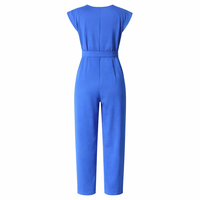 Combinaison sur mesure pour femme en mélange lin-coton bleu cobalt, col en V croisé, manches courtes, taille à nouer, plissée, jambe fuselée, pour le bureau