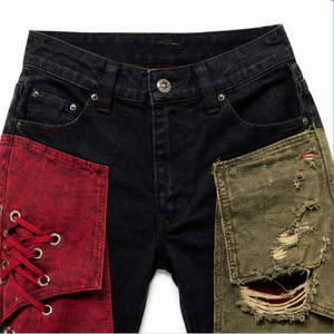 Vaqueros acampanados de hombre Wangsheng de corte holgado con patchwork, estampado digital en denim rojo y verde, lavables, con cordones y efecto desgastado, estilo streetwear. - Product Image 4