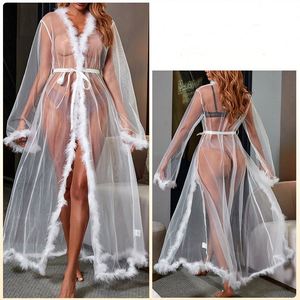 Bata Larga de Malla Sexy con Borde Peludo, Pijama Transparente de Satén con Cintura Elástica, Secado Rápido para Verano - Product Image 4