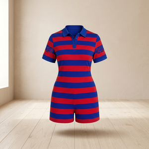 Women's <b>Red</b> Blue Striped Polo <b>Bodysuit</b> Short Sleeve Casual Summer Knitted Stretch Fit Regular Length - Product Image 3