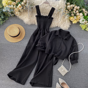 الربيع الخريف جديد الإناث عطلة نمط اثنين من قطعة بدلة الوقوف طوق قصيرة الأكمام سترة + حبال مطوي واسع الساق بذلة - Product Image 4