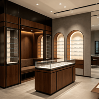 Solution complète d'aménagement pour magasin d'optique, Vitrine à lunettes en bois grainé avec peinture laquée, Vitrine murale rétroéclairée