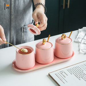 Boîte d'assaisonnement de cuisine en céramique de luxe rose ensemble de pots à épices en porcelaine sel/sucre/épices/poivre - Product Image 1