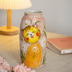 Cute Animal Ceramic <strong>Vase</strong> Set - Healing Fox &amp; <strong>Cat</strong> Pattern, Tabletop Flower <strong>Vase</strong> for Living Room Decor - Product Image 3