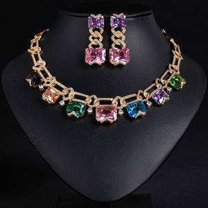 قلادة وأقراط أنيقة بتصميم مربع من الزركونيا المكعبة 2 ، إكسسوارات حفلات خطوبة الزفاف للسيدات - Product Image 1