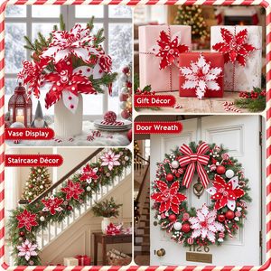Ornement de Noël suspendu en tissu Poinsettia, décoration florale faite à la main pour arbre, rouge et vert, cadeau de fêtes - Product Image 3