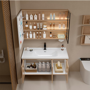 Natural Wood Grain Bathroom Vanity Cabinet Wall Hung Design with <b>Side</b> Storage and Durable Construction - Product Image 5