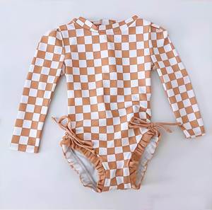 S0719 Conjunto de Natación Personalizado para Niña, Diseño a Cuadros Blanco y Naranja, Manga Larga, Venta al por Mayor - Product Image 1