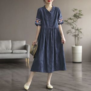 Washed Jacquard Cotton Mid Length <b>Dress</b> With Embroidery V Neck A Line <b>Elastic</b> Waist For Women Daily Wear Short Sleeve Orange - Product Image 5