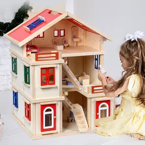 diy ברבי בובת ריהוט Suppliers-עץ ילדים בובת בית צעצוע גדול וילה לשחק בית ריהוט צעצועי עץ צעצוע בית