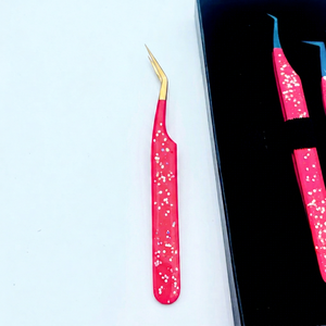 Ensemble de pinces à cils roses pailletées, courbées classiques, droites, à pointe en fibre, pour extensions de cils, avec logo personnalisé - Product Image 1