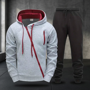 Conjunto Deportivo con Capucha para Hombre, Sudadera con Cremallera Gris y Roja, Pantalones Deportivos Negros, Ropa Deportiva Informal para Otoño, Diseño Sólido de Manga Larga - Product Image 4