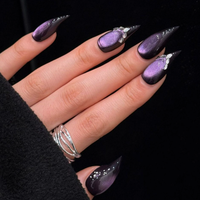 Faux ongles à presser en acrylique, motif œil de chat violet, forme carrée papillon, style stiletto moyen, faits main, réutilisables, personnalisables OEM ODM