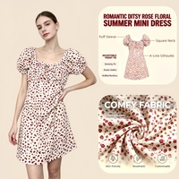 Robe Vintage Florale à Col Carré, Manches Courtes Bouffantes, Dos Nu, Coupe Trapèze Fluide, pour l'Été, les Vacances, Décontractée, Quotidienne, Fête à la Plage