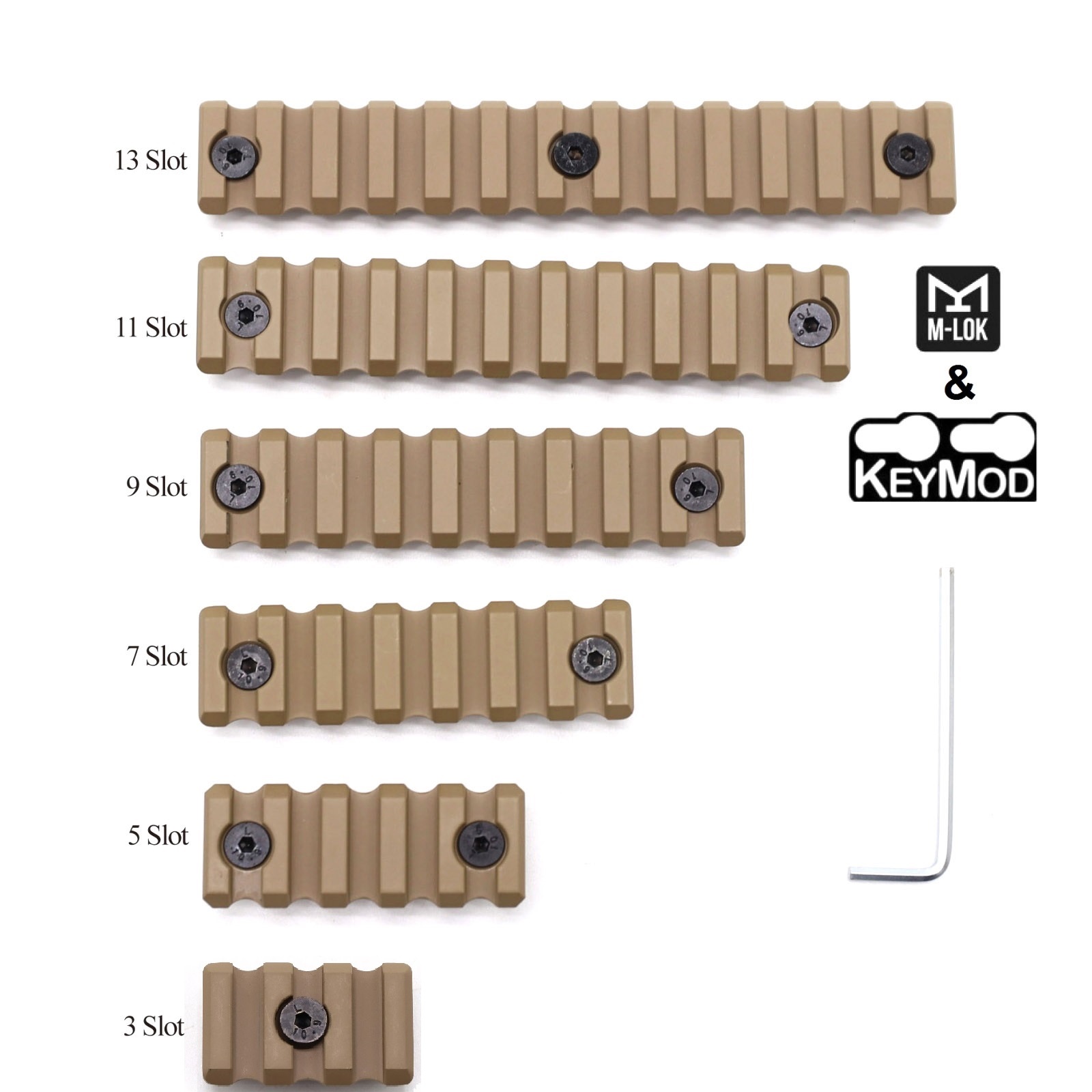 Aplus Universal Upgraded optional 3,5,7,9,11,13 slots Tan/FDE Picatinny Rail Section compatible of Both Keymod&M-lok rail System