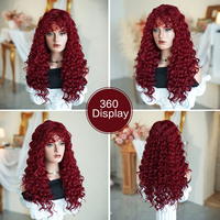 Peluca de Cabello Sintético Largo y Rizado Rojo Brillante de 22 Pulgadas con Flequillo, Fibra Resistente al Calor, Aspecto Natural Mate
