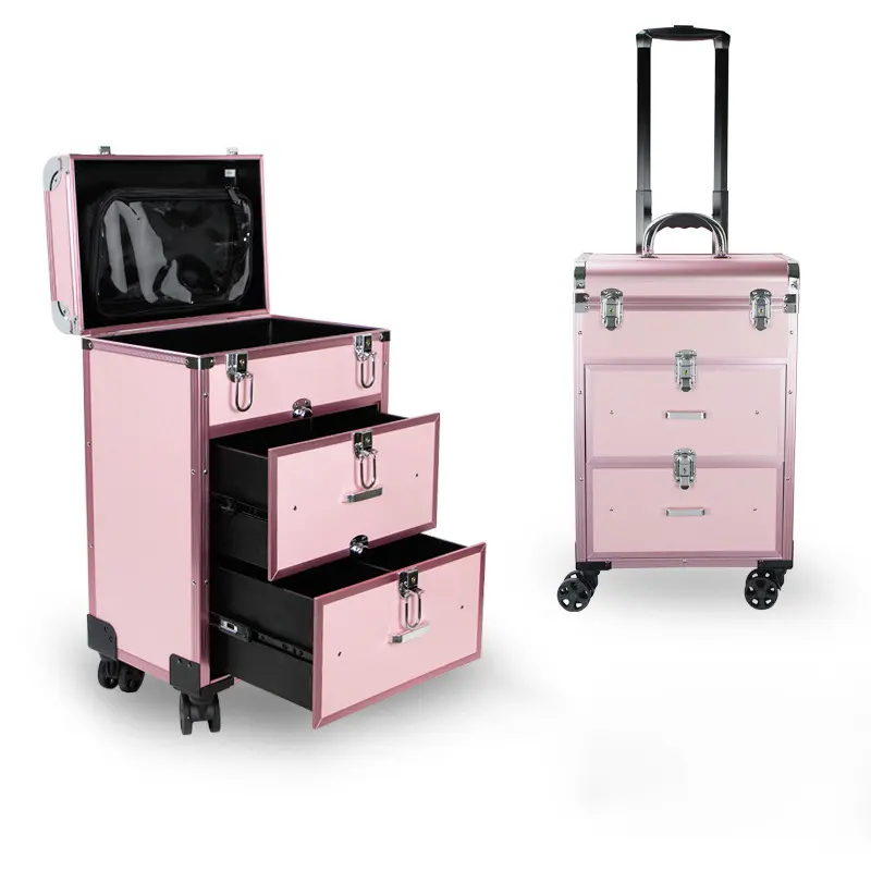 Hochwertige Multifunktions-Trolley-Tasche Travel Aluminium Beauty Kosmetik und Hüllen Make-up-Tasche Make-up-Koffer mit Rädern Mode