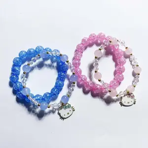 Pulseira de cristal Hello Kitty empilhável com miçangas de pedras preciosas naturais para mulheres atacado 10 mm com desenho de joias