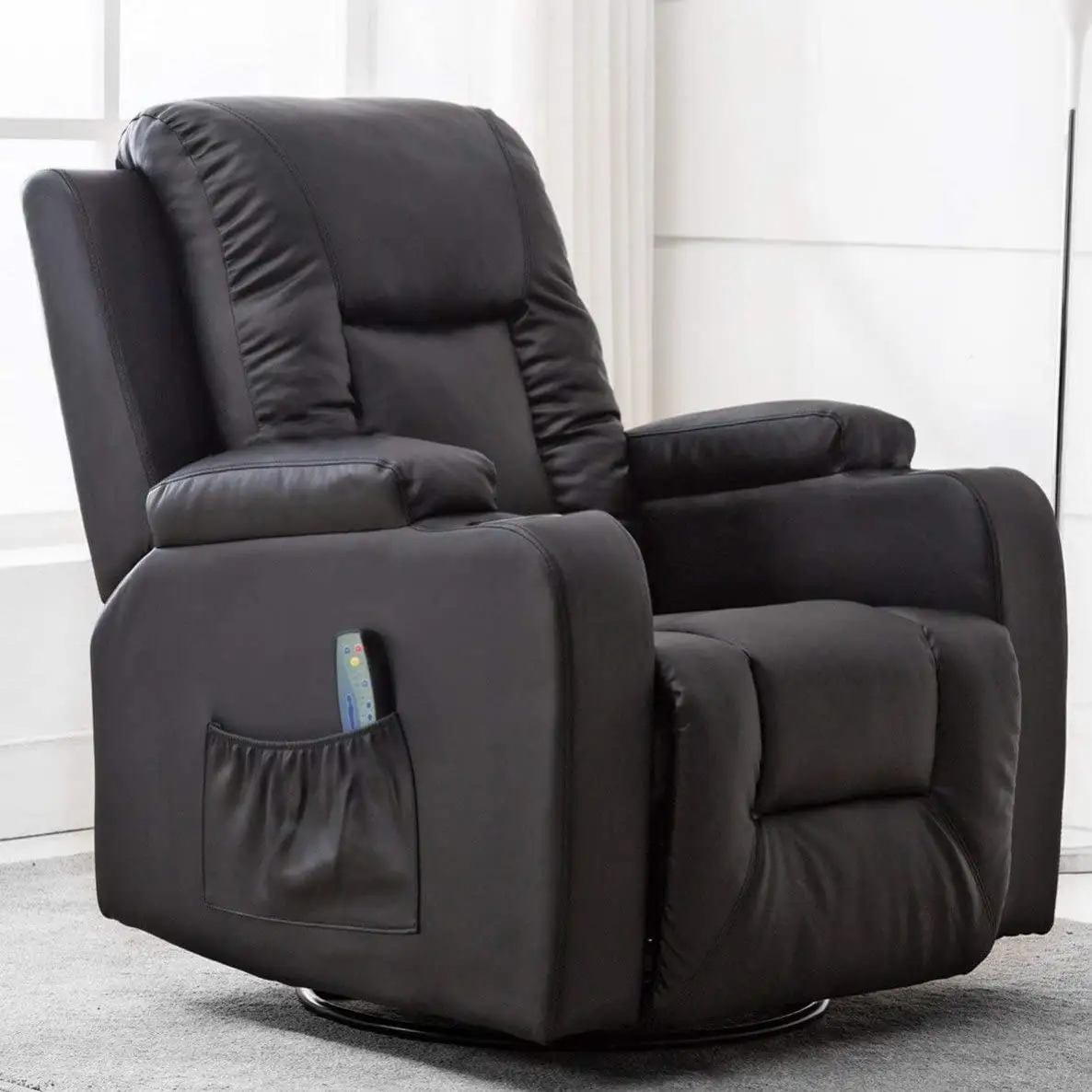 Deri Recliner sandalye Modern Rocker ısıtmalı masaj ergonomik salon 360 derece döner tek kanepe koltuk İçecek sahipleri ile