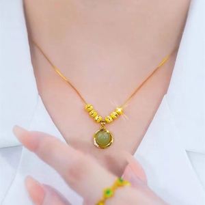 Vintage Fashion Chinese Style Gold Lucky Bead Zircon Charm Pendant Imitation Hetian Jade Charm Clavicle <b>Chain</b> Necklace for Women - Product Image 5