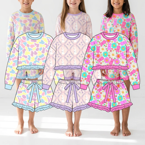 Ensemble short et haut à manches longues rayé uni pour filles, ensemble de jupes-shorts pour enfants, tenues assorties - Product Image 5
