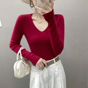 เสื้อสเวตเตอร์ถักคอวีของผู้หญิงเสื้อสเวตเตอร์ผ้าแคชเมียร์คอวีด้า<span class=keywords><strong>น</strong></span>หน้ายาวเข้าได้กับทุกชุด - Product Image 2