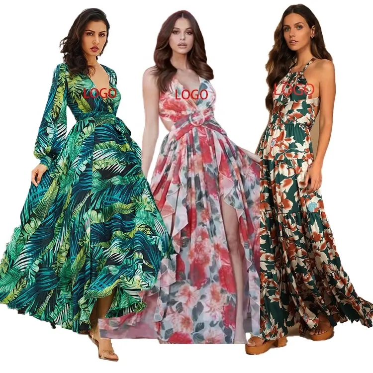 Custom Floral Geometric Printed Vintage Long Women Dresses Holiday Maxi Dress Formal Vacation Beach Casual Dresses