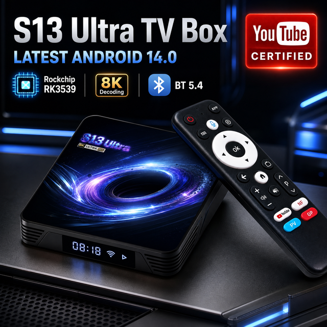 S13 Ultra Android 14 TV Box RK3539 4G 32G 4K Dual WIFI6 BT 5.4 Widevine L1 YouTube Certified AV1 Custom Logo 1pc MOQ OEM Service