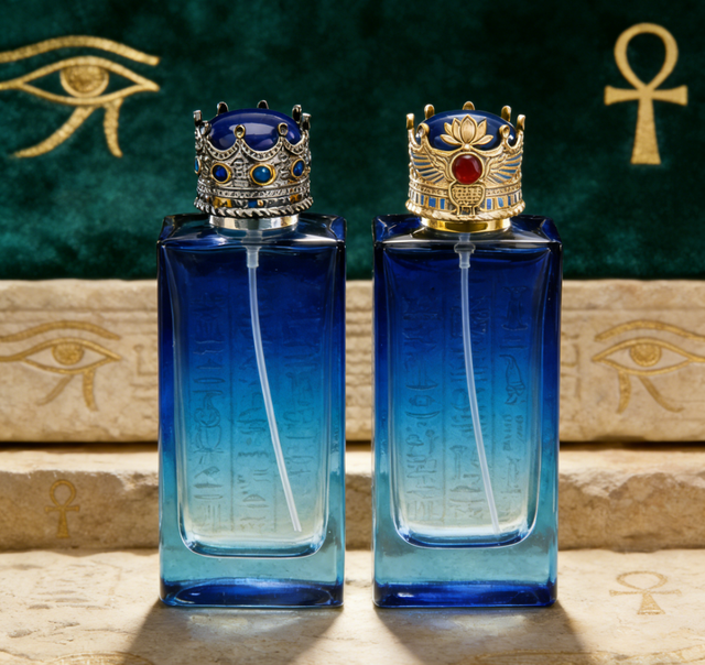 Luxury Square Matte Egyptian Pharaoh Style Gradient Blue Glass Perfume Bottle with Crown Cap 30ml/50ml/100ml Empty Spray Bottle