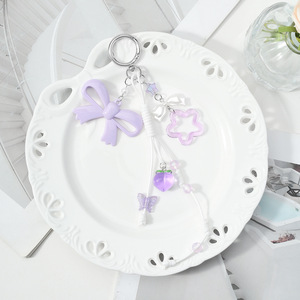 신선한 마카롱 색상의 엮은 로프 리본 복숭아 나비 키체인 테디베어 별 가방 펜던트 - Product Image 3