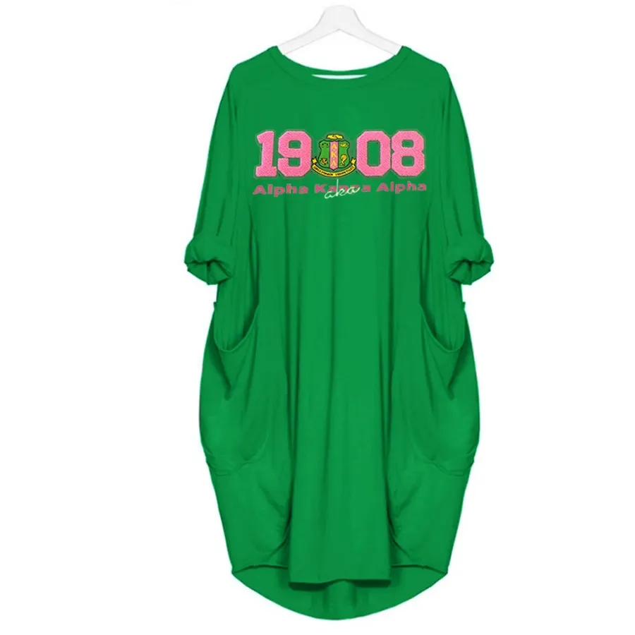 Green Alpha Summer Cheap Dress 1908 Shield Simple Casual Loose Pocket Long Sleeve Dress Sorority Women Clothing