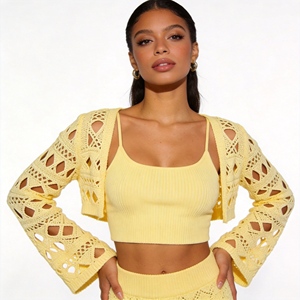 Conjunto de <span class=keywords><strong>Dos</strong></span> Piezas Personalizado BSCI/WRAP para Mujer, Estilo Vintage, Color Amarillo Mantequilla, Bolero Tejido con Logotipo Frontal, Camiseta sin Mangas, Suéter Dulce y Picante - Product Image 1