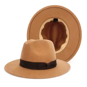 도매 사용자 정의 수제 빈티지 우아한 나비 넥타이 모자 호주 100% 양모 하드 플랫 와이드 브림 펠트 페도라 모자