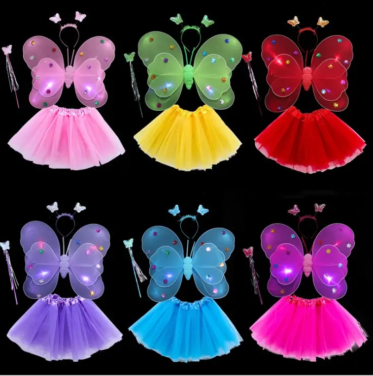 Alas de mariposa con luz led, falda de tutú para niñas, conjunto de disfraz de ala de Ángel, accesorios de escenario, alas de hada luminosas