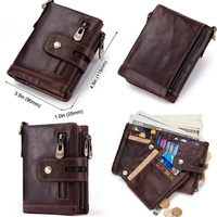 Dompet Rantai Lipat Dua Geometris Vintage Unisex Kulit Asli Anti-RFID Kantong Koin Kancing Ritsleting Ganda Anti-Maling