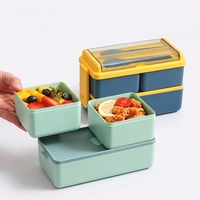 Boîte à lunch bento double couche en plastique, récipient alimentaire compatible micro-ondes, hermétique, 3 compartiments, portable pour le bureau et l'école