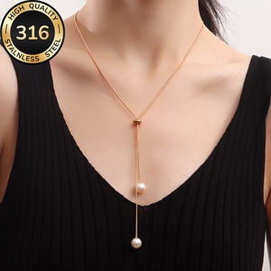 Collier chaîne de pull en acier inoxydable avec perles, style minimaliste de luxe léger, tendance transfrontalière Europe-Amérique - Product Image 3