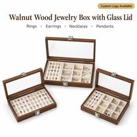 Boîte à bijoux en bois de noyer moderne et simple, écologique, sur mesure, avec couvercle en verre transparent et doublure en velours, pour organiser et ranger les bagues et les boucles d'oreilles.