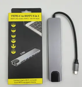 USB 8 in 1 Type C TO 4K อะแดปเตอร์ HDMI กับ SD TF ตัวอ่านการ์ด Rj45 PD ชาร์จเร็ว7/8พอร์ต USB C Splitter HUB สำหรับแล็ปท็อปโทรศัพท์