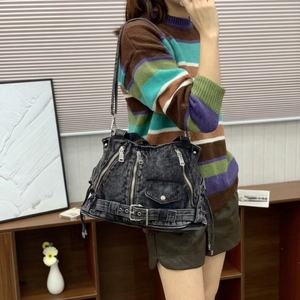 Yıkanmış Kot Punk Tote Çanta, Bağcıklı Kemer Dekorlu Çapraz Askılı El Çantası, Y2K Büyük Kapasiteli Bayan Seyahat Çantası OEM ODM - Product Image 2